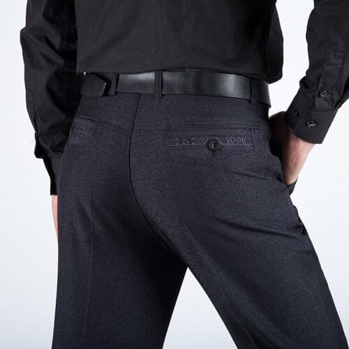 Mens casual pants fitness straight polyester blends long trousers plus size 2019 fall winter dad business formal grey slacks