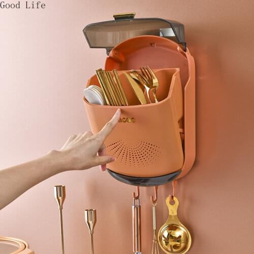 Kitchen Perforation-free Wall-mounted Chopstick Holder Household Drain Chopstick Cage Large Capacity Cutlery Storage Rack