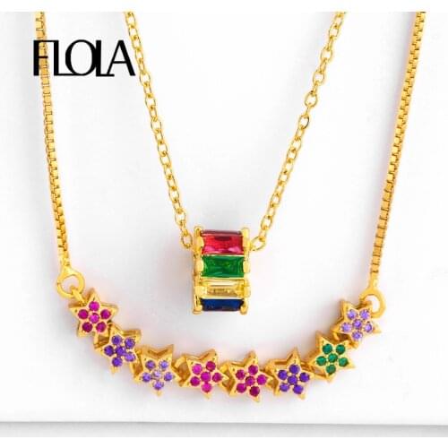 FLOLA Boho Cubic Zirconia Bar Pendant Necklaces for Women Gold Chain Long CZ Colorful Necklace Copper collares d ojito nkep84