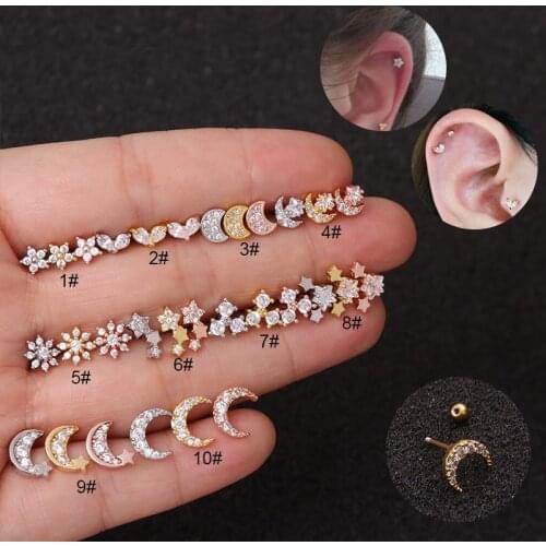 1pc Tiny Cz Flower Star Moon Small Cartilage Stud Earring Stainless Steel Tragus Rook Conch Helix Piercing Jewelry