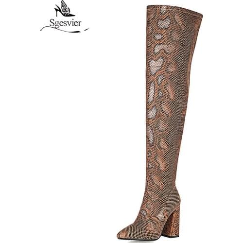 Sgesvier 2020 Winter Leopard Brown Long Boots new Women High Heel Boot Pointed Toe Sexy Shoes Thigh High Over-the-Knee Boots