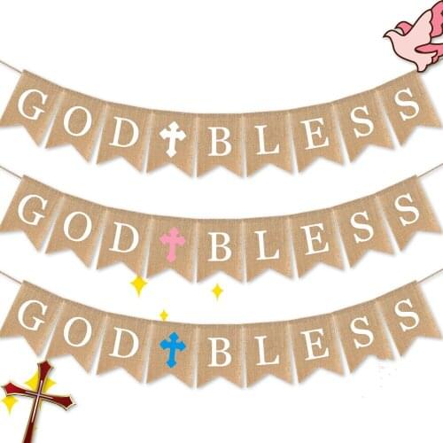 GOD BLESS Christian Baptism Party Decoration Pull Flag Blessing Banner Swallowtail Flag
