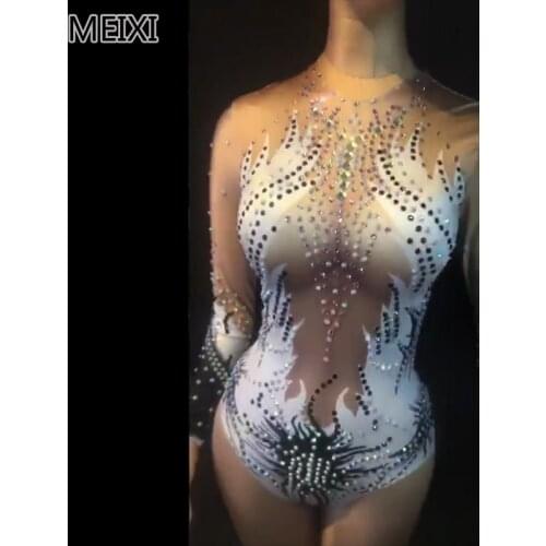 Unique white angel diamond rhinestone jumpsuit bar party concert singer and dancer costumes