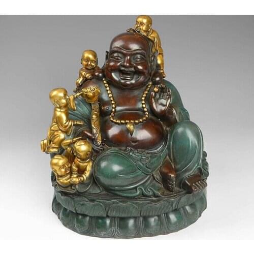 Chinese Red Copper Painted Wealth Money Yuanbao Boy Happy Maitreya Buddha Statue