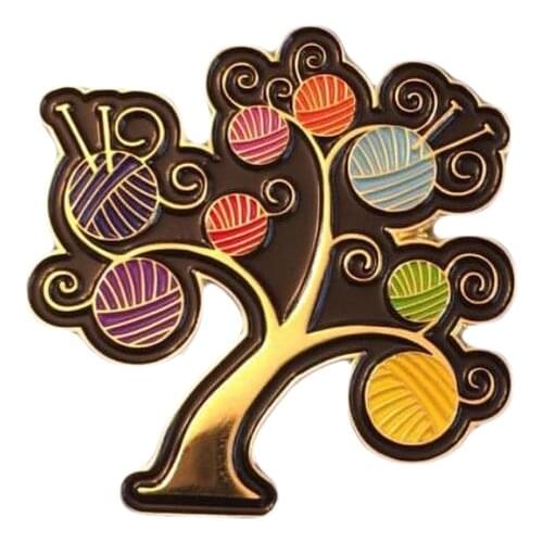 Yarn Tree Badge warm fall colors ball brooch whimsical plant enamel pin great gift for nature lovers and fiber enthusiasts