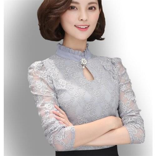 2020 summer new lace women blouse turtleneck neck see through lace thicken fleece solid slim office lady elegant pulls outwears