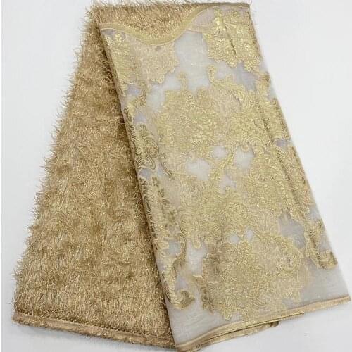 5yards/pc) high quality gold African jacquard weave French net lace fabric with short tassels for wedding party dress FZZ949