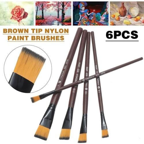6pcs Brown Paint Brushes Set Tip Nylon Flat Head Absorbent Brushes For School Stationery Watercolor Oil Acrylic Painting Tool
