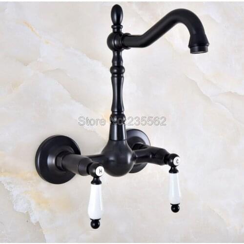 Moder Wall Mounted Double Handle Oil Rubbed Black Bronze Bathroom Basin Sink Mixer Tap Faucet lnf870