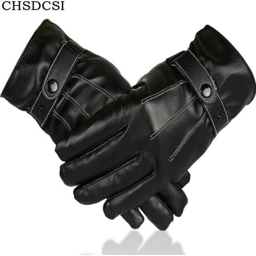 CHSDCSI Leather Gloves Fur Cape Winter Men Blending Sheepskin Motor Cycle Wool Mittens Pure Colour Patchwork Button