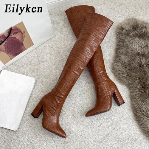 Eilyken Sexy Snake Print PU Leather Pointed Toe Over The Knee Boots Women Fashion Zip Square Heels Ladies Shoes Pumps Size 35-42
