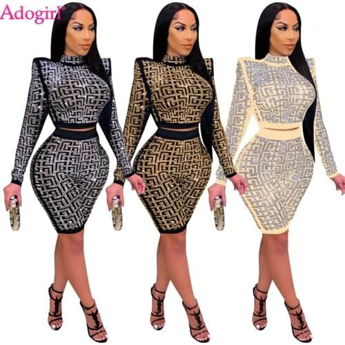 Adogirl Sparkling Diamonds Two Piece Set Half High Collar Long Sleeve Crop Top Shirt Elastic Waist Knee Length Pants Club Suit