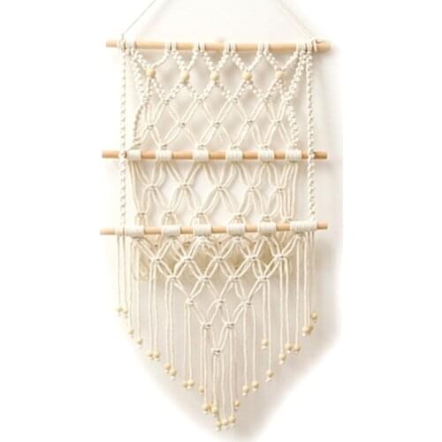 HOT Hand Woven Storage Rack Macrame Tapestry Book Magazine Net Pocket Rack for Boho Decor Ornament Living Room Wooden Bead