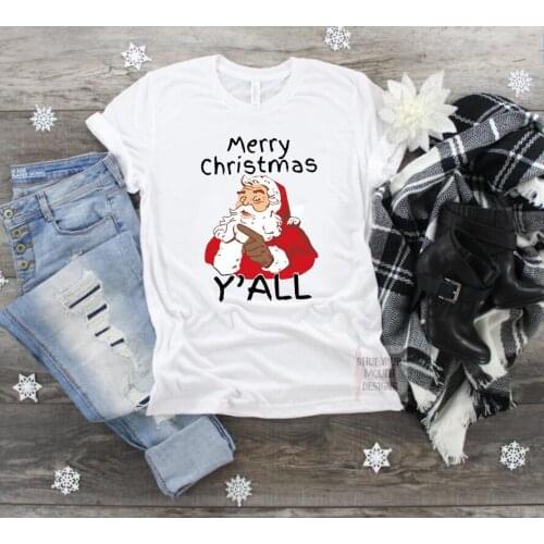 Merry Christmas Y'ALL T-shirt Santa Claus COLORED printed Women shirt christmas prty Unisex tee fashion Casual round-neck tops