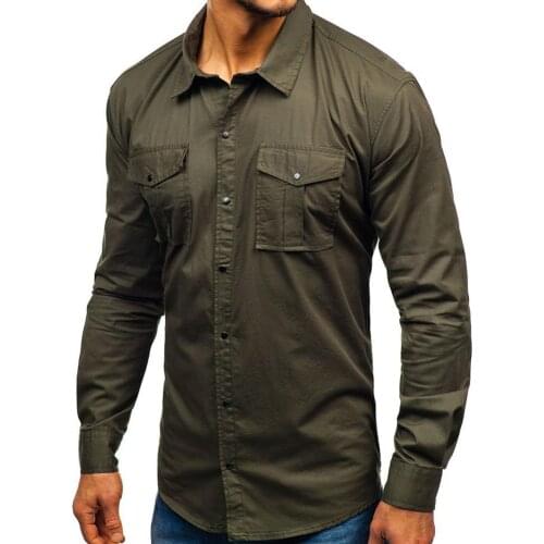 2020 Fashion Men Long Shirt Sleeve Solid Color Multi-Pockets button Slim Turn Down Collar Shirt Top Mens Clothing M-3XL