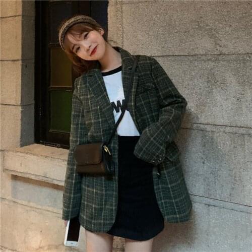 Herstory New Chic Vintage Green Autumn All-Match Plaid Casual Loose Feminine Fresh Stylish Office Ladies Blazers Wollen Coats