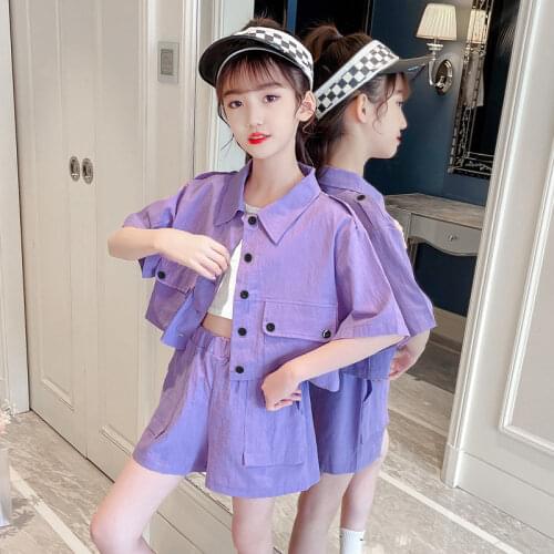 Teen Girls Clothing Set Short Sleeve Cargo Jacket+Shorts Two Pieces 2021 Summer Fashion Cool School Kids Tracksuit Child Outfits