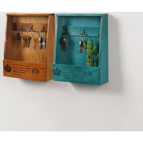 Pastoral Wooden Key Holder Box Wall Hanging Shelf Key Box Wall Mounted Decorative Key Rack 6 Hooks for Home Office Decoration