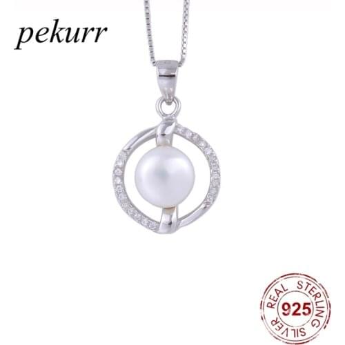 Pekurr 925 Sterling Silver Round Hoop Natural Freshwater Pearl Necklaces For Women Zircon Pendant Chain Fashion Jewelry