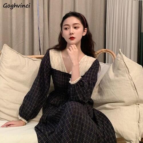 Long Sleeve Dress Women V-neck Plaid Patchwork Retro Vintage Defined-waist Loose Elegant Fashion French Womens Maxi Dresses Chic