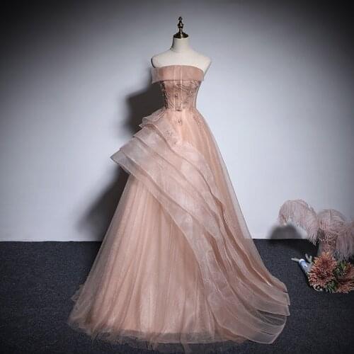 Evening Dress New Pleat Floor-Length Backless Strapless A-Line Elegant Appliques Bling Sleeveless Party Formal Gown Woman B450