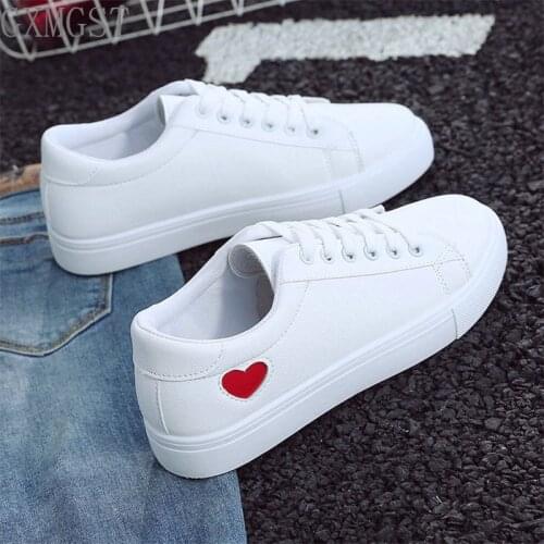 2021 Autumn Womens Shoes Fashion New Woman PU Leather Shoes Ladies Breathable Cute Heart Flat Casual Shoes White Sneakers