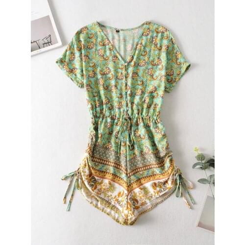 TEELYNN short sleeve Romper women vintage green floral print 2020 summer Playsuit elastic waist boho beach wear Short Jumpsuits