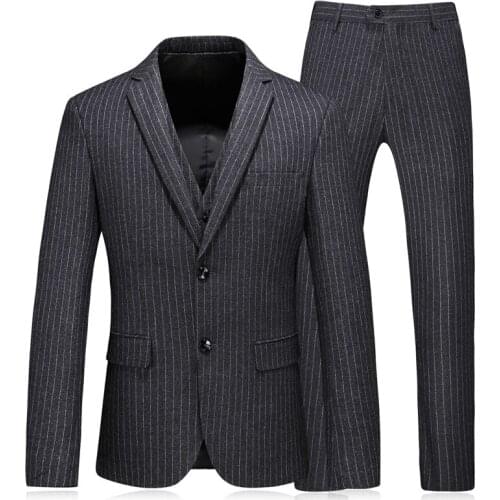 S-5XL ( Jacket + Vest + Pants ) Fashion Boutique Striped Slim Mens Business Casual Suit 3pcs Set Groom Wedding Dress