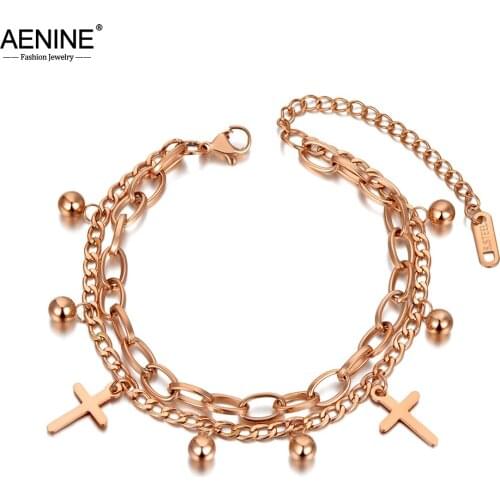 AENINE Titanium Stainless Steel Bohemia Beach Double Layer Bracelets For Women Girl Trendy Cross & Ball Charm Bracelet AB20136