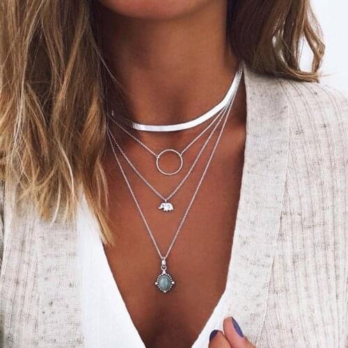Bohemian Multilayer Blade Chain Round Circle Elephant Pendant Necklace Women Vintage Geometric Chocker Necklace Jewelry YN1689