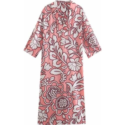 New Women Vogue Side Slit Floral Printed Midi Dress Three Quarter Sleeve V-Neck Vintage Female Dresses Woman Robe