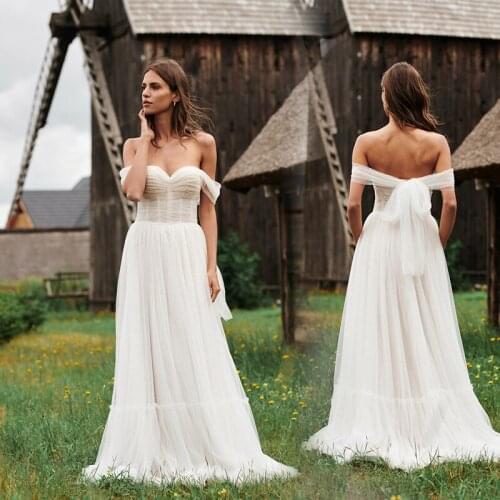 Off The Shoulder Beach Indian Wedding Dress 2021 Pleats White Tulle Bridal Gowns Custom Made Vestidos De Novia