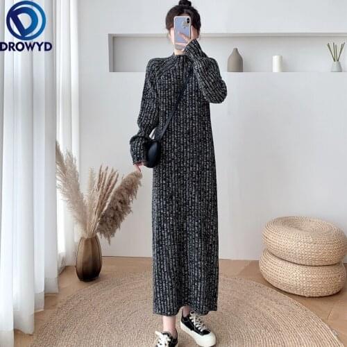 2021 High Quality Autumn/winter Korean Style Super Long Straight Half Turtleneck Sweater Skirt Women Knitted Thick Party Dresses