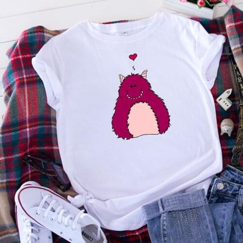 100% Cotton Oversized Womens T-shirt O-Neck Harajuku Cute Kawaii Funny Heart Pink Monster Top Casual Female T shirt 2020 Summer