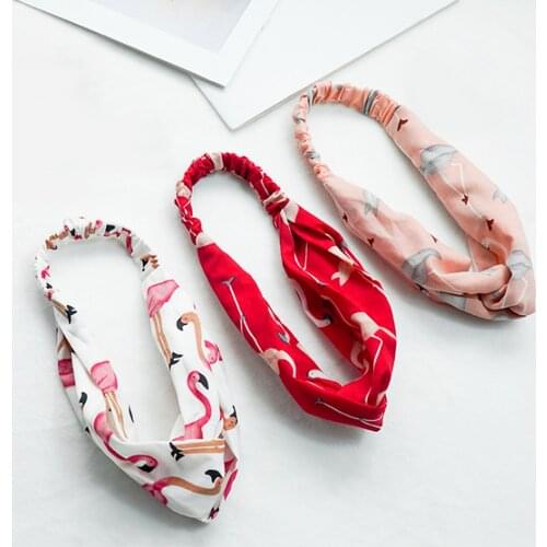 2021Women Chiffon Cross Headbands Flamingo flower printing Make up hairbands girls flower Hair Accessories FD32