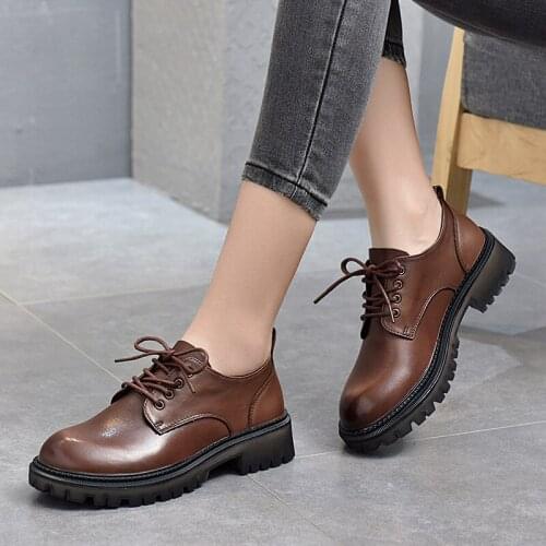 2021 Spring Genuine Leather Single Shoes Women British Style Lace-up Womens Shoes Round Toe Platform Shoes Cowhide Low Top