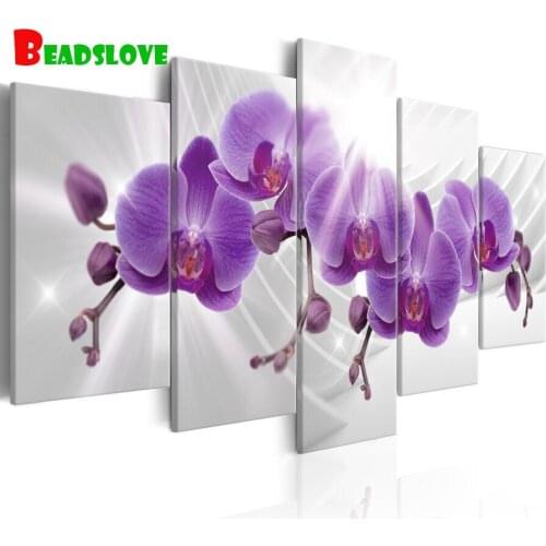 5 Panel Purple Orchids Flowers Diamond Embroidery full square round drill Mosaic Set Diamond Painting Sale