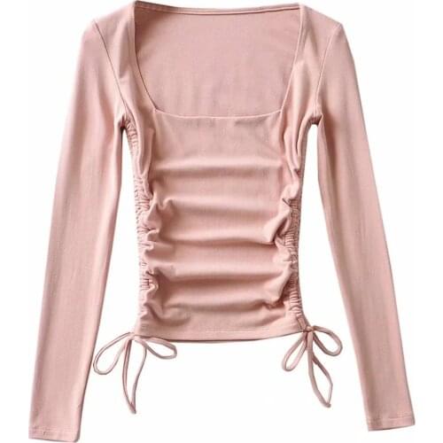 AFEENYRK 2021 Fashion Square Collar Women Vintage Casual Blouse Stretch drawstring Shrink fold t-shirt top