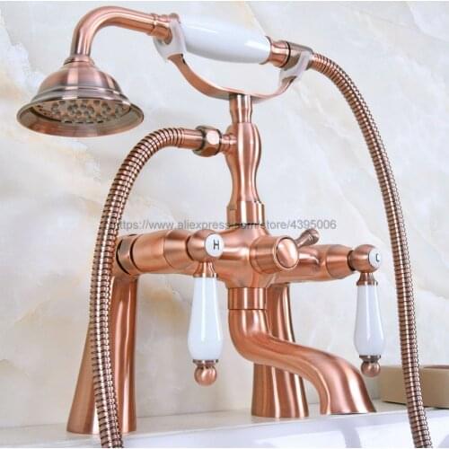 Antique Red Copper Dual Ceramic Handles Bathtub Faucet Telephone Style Tub Shower Mixer Taps Bna174