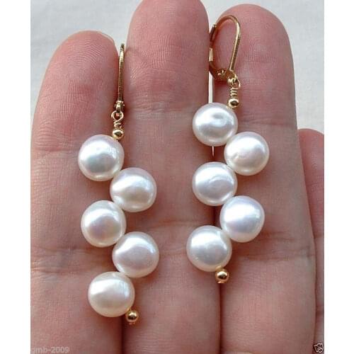Free shipping Beautiful Handmade White Freshwater Pearl Leverback Earrings 2.5"