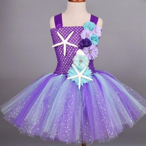 Glitter Purple Mermaid Tutu Dress With Headband Sets Baby Birthday Party Costume Floral Princess Tulle Dress Cosplay Clothes