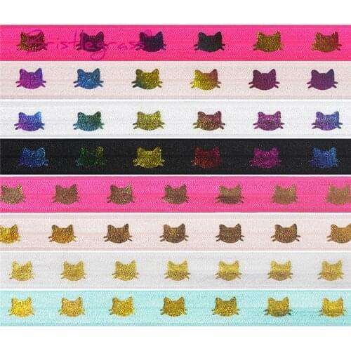 BRISTLEGRASS 5 Yard 5/8" 15mm Rainbow Gold Cat Foil Print Foldover Elastic FOE Spandex Satin Band Hair Tie Headband Dress Sewing