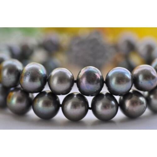 P7474 2Row 8" 12mm Peacock-Black Round Freshwater Pearl Bracelet