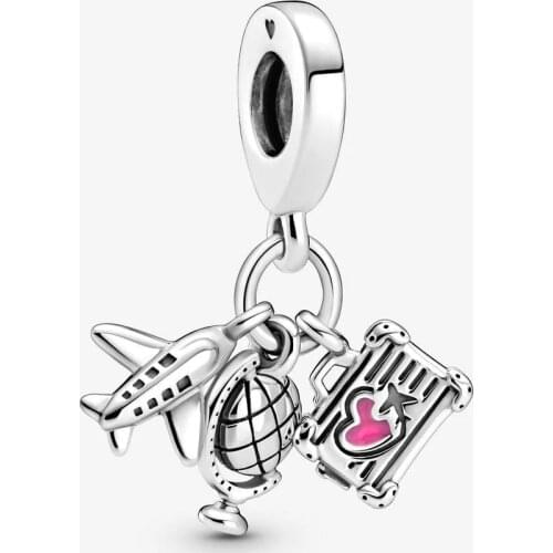2021 Summer New 925 Sterling Silver Airplane, Globe & Suitcase Dangle Charms Fits Pandora Bracelet DIY Beads for Jewelry Making