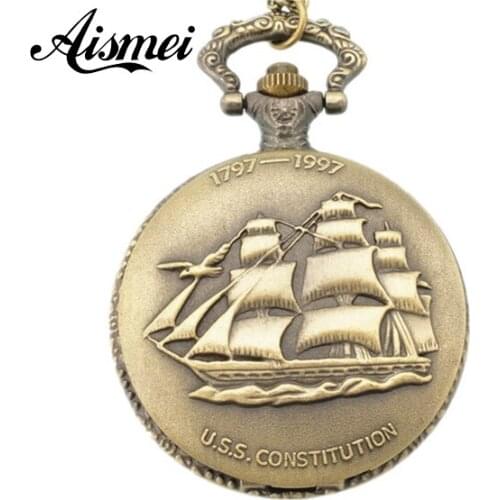 Atmos clock Classical Vintage Style Copper Quartz White Dial Necklace Antique Sailboat Pocket Watch 5pcs/lot