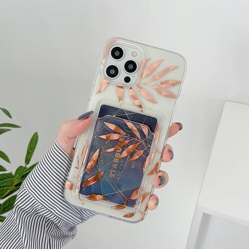 Plating Gold Leaf Card Bag Phone Case For iPhone 12 Pro 11 Pro Max XR XS Max 7 8 Plus X Transparent Soft Wallet Back Cover Coque