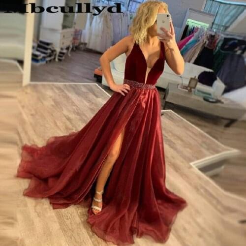 Mbcullyd Burgundy Organza Evening Dresses Long 2020 High Split Prom Party Gowns With Beading Formal vestidos de fiesta de noche