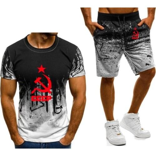 New 2021 Summer Mens short sleeve Unique for CCCP Russian USSR Soviet Union Printed High Quality Cotton T-Shirt Pants Suit 2Pcs
