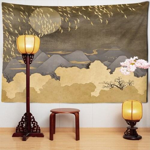 Mountains Sun Moon Landscape Print Tapestry Migratory Birds Fly Wall Hanging Tapestry Macrame Wall Hanging Home Art Decor