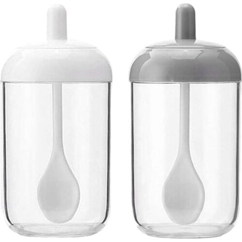 Spice Pots,Salt Sugar Spice Container,Transparent Kitchen Round Spice Jar with Lid and Spoon (2 Gray,2 White)